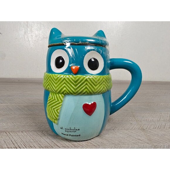 St. Nicholas Square Hand Painted Owl Mug With Lid 16oz Ceramic Blue With Green S - Picture 8 of 8
